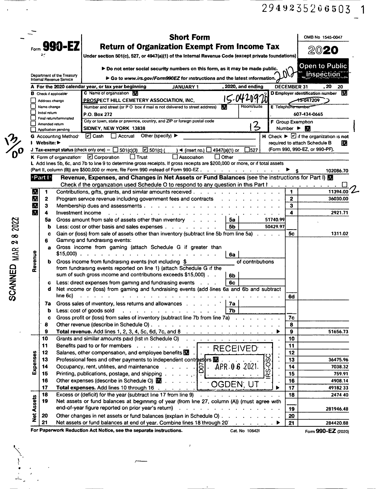 Image of first page of 2020 Form 990EO for Prospect Hill Cemetery Association