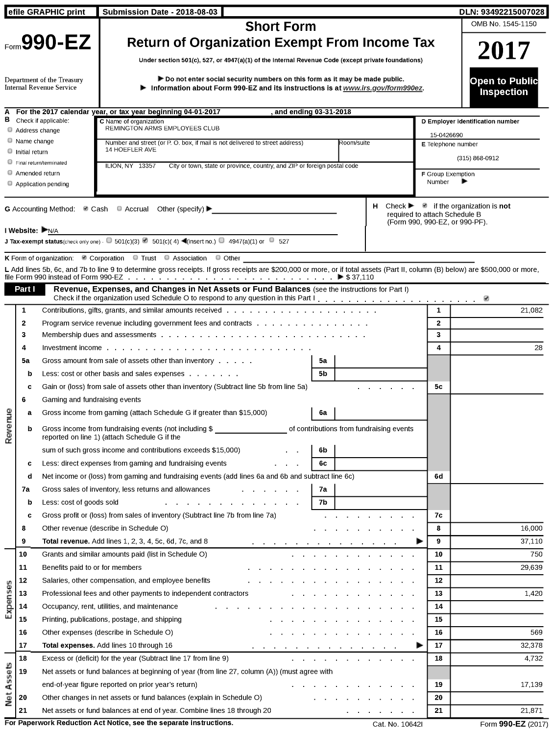 Image of first page of 2017 Form 990EZ for Remington Arms Employees Club