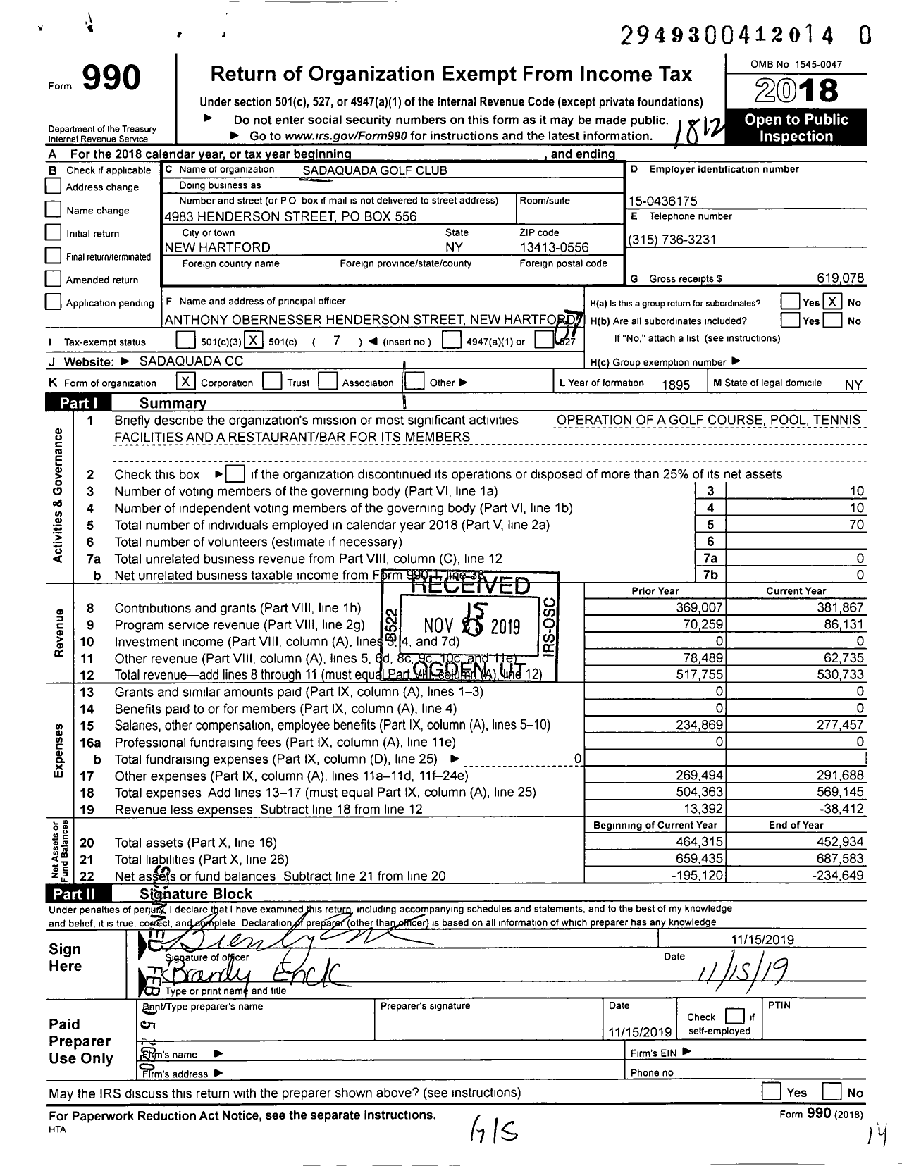 Image of first page of 2018 Form 990O for Sadaquada Golf Club