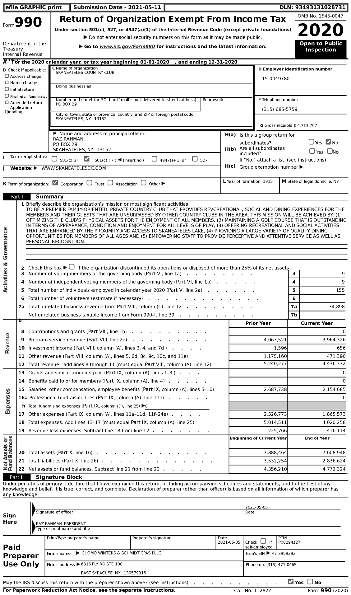 Image of first page of 2020 Form 990 for Skaneateles Country Club