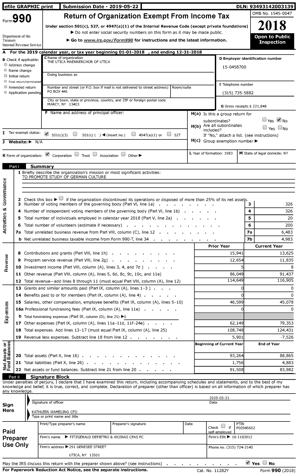 Image of first page of 2018 Form 990 for The Utica Maennerchor of Utica