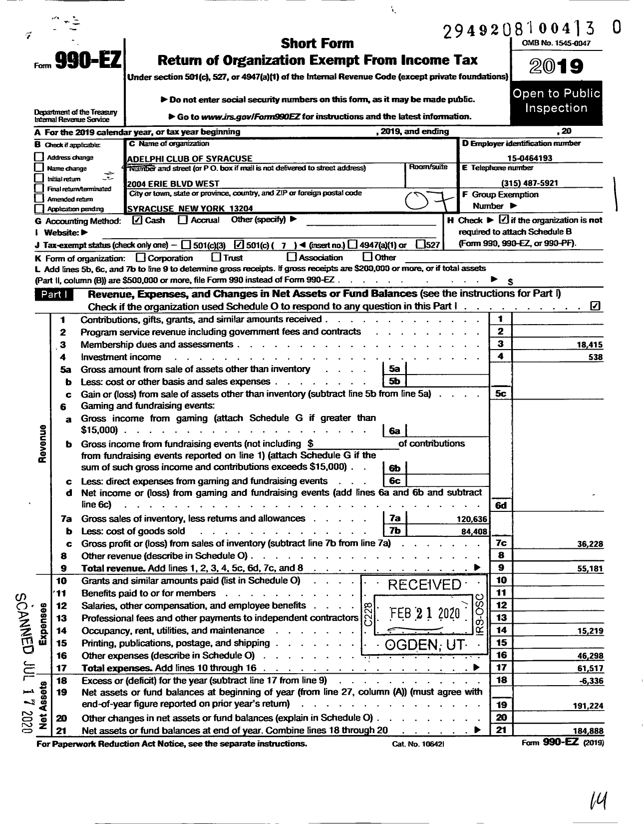 Image of first page of 2019 Form 990EO for Adelphi Club of Syracuse