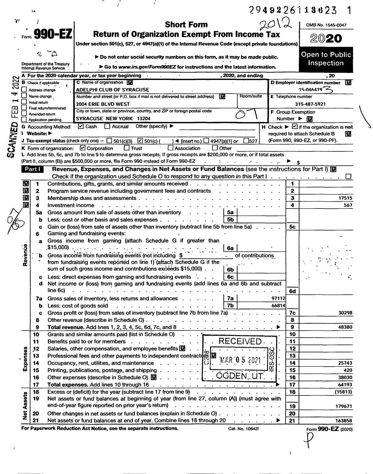 Image of first page of 2020 Form 990EO for Adelphi Club of Syracuse