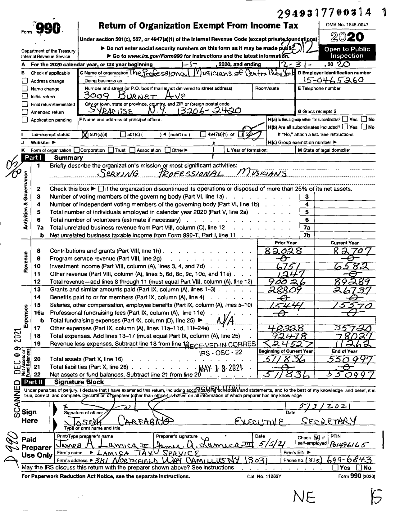 Image of first page of 2020 Form 990O for American Federation of Musicians - The Professional Musicians of Central New York