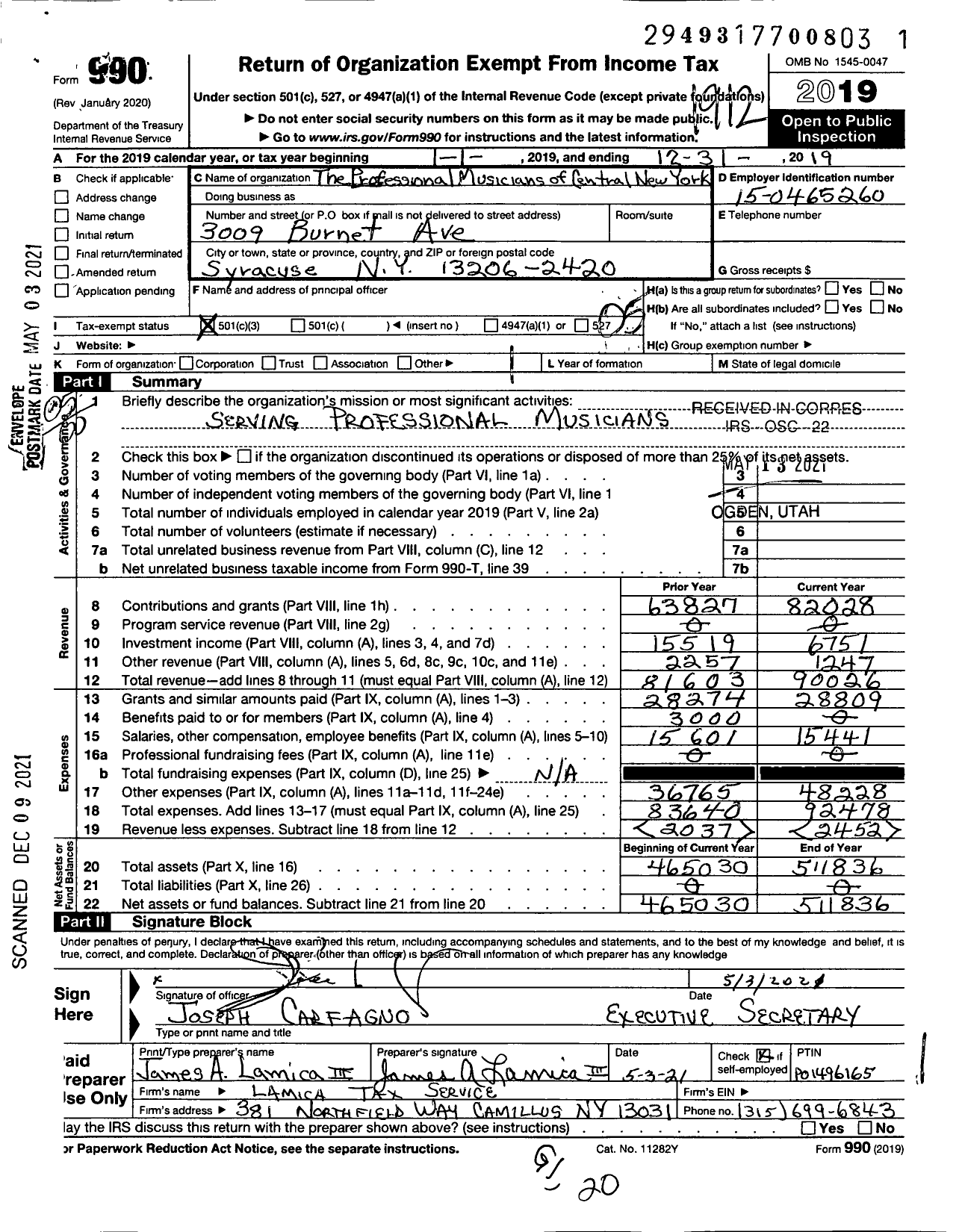 Image of first page of 2019 Form 990O for American Federation of Musicians - The Professional Musicians of Central New York