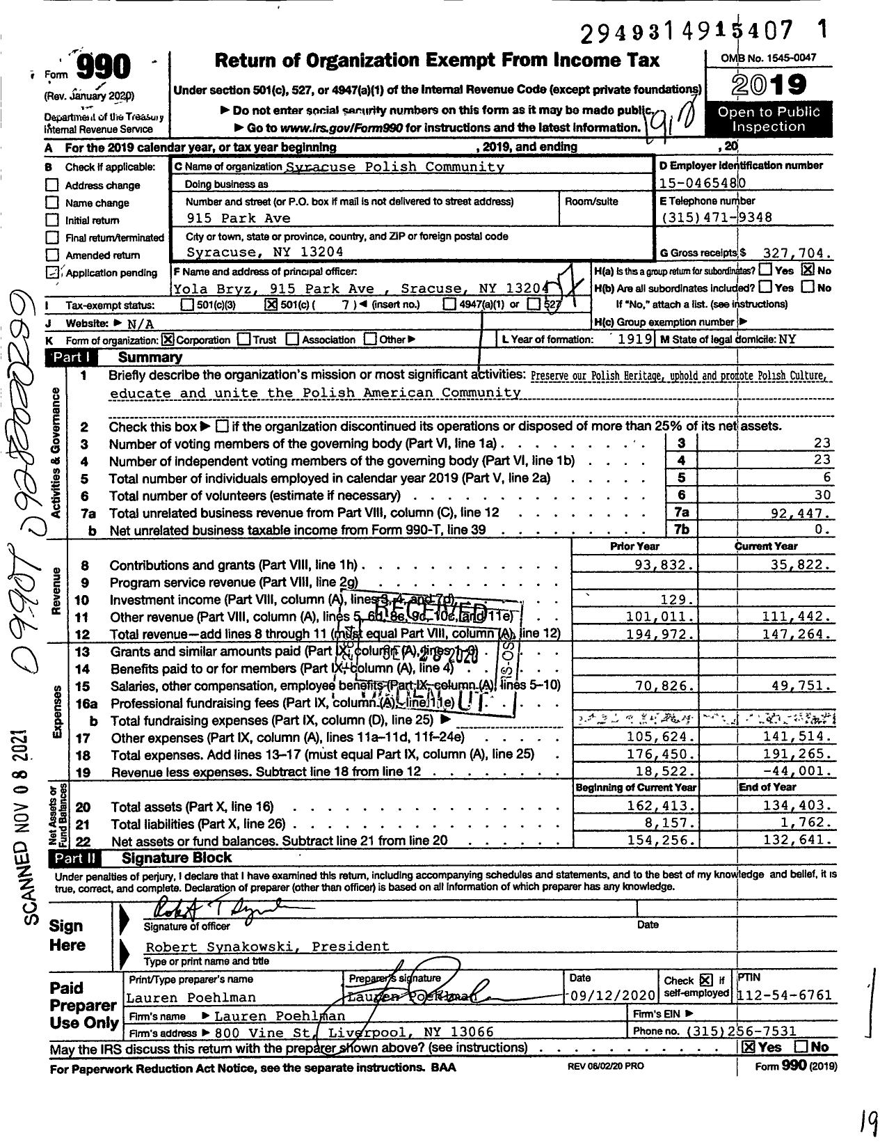 Image of first page of 2019 Form 990O for Syracuse Polish Community