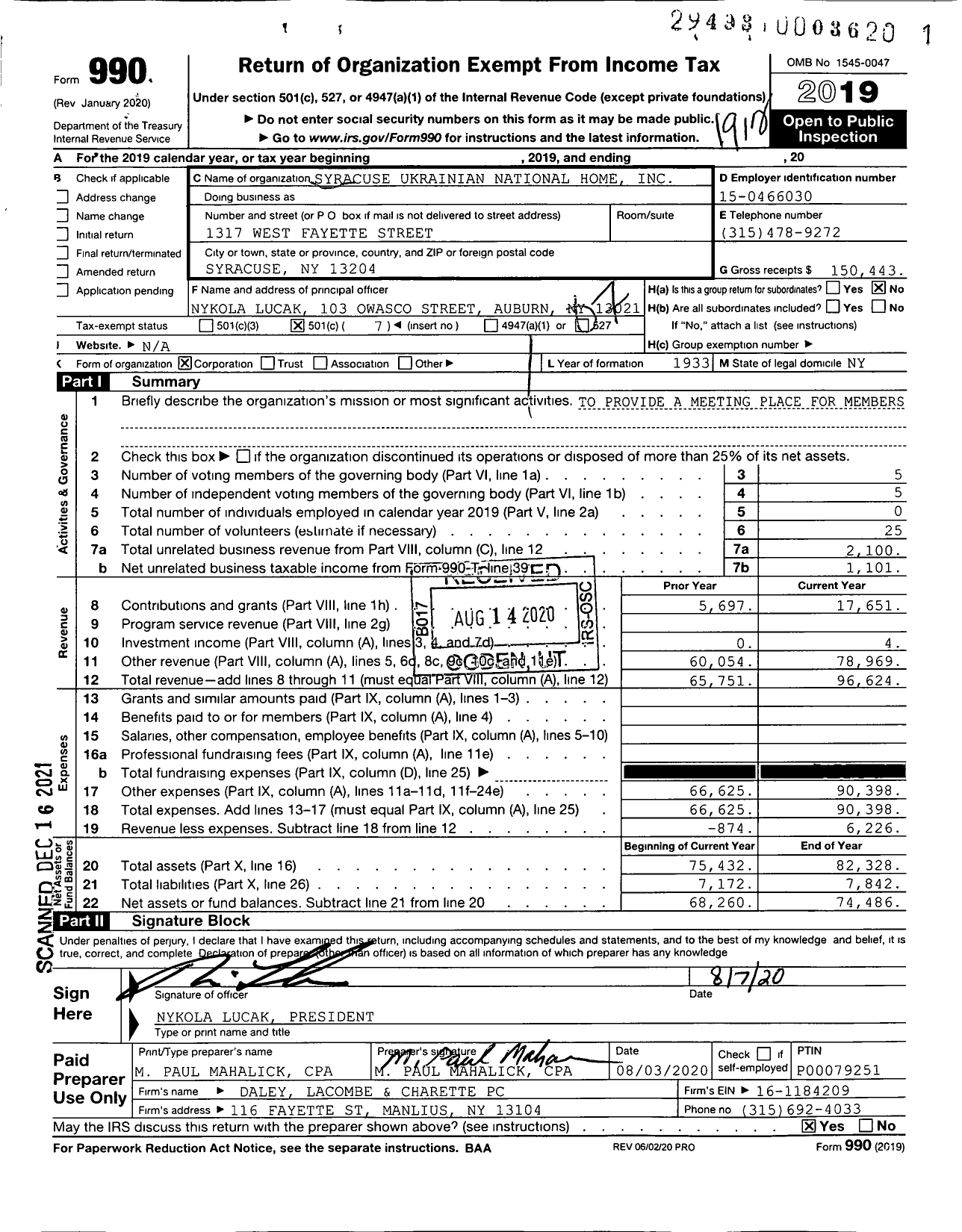 Image of first page of 2019 Form 990O for Syracuse Ukrainian National Home