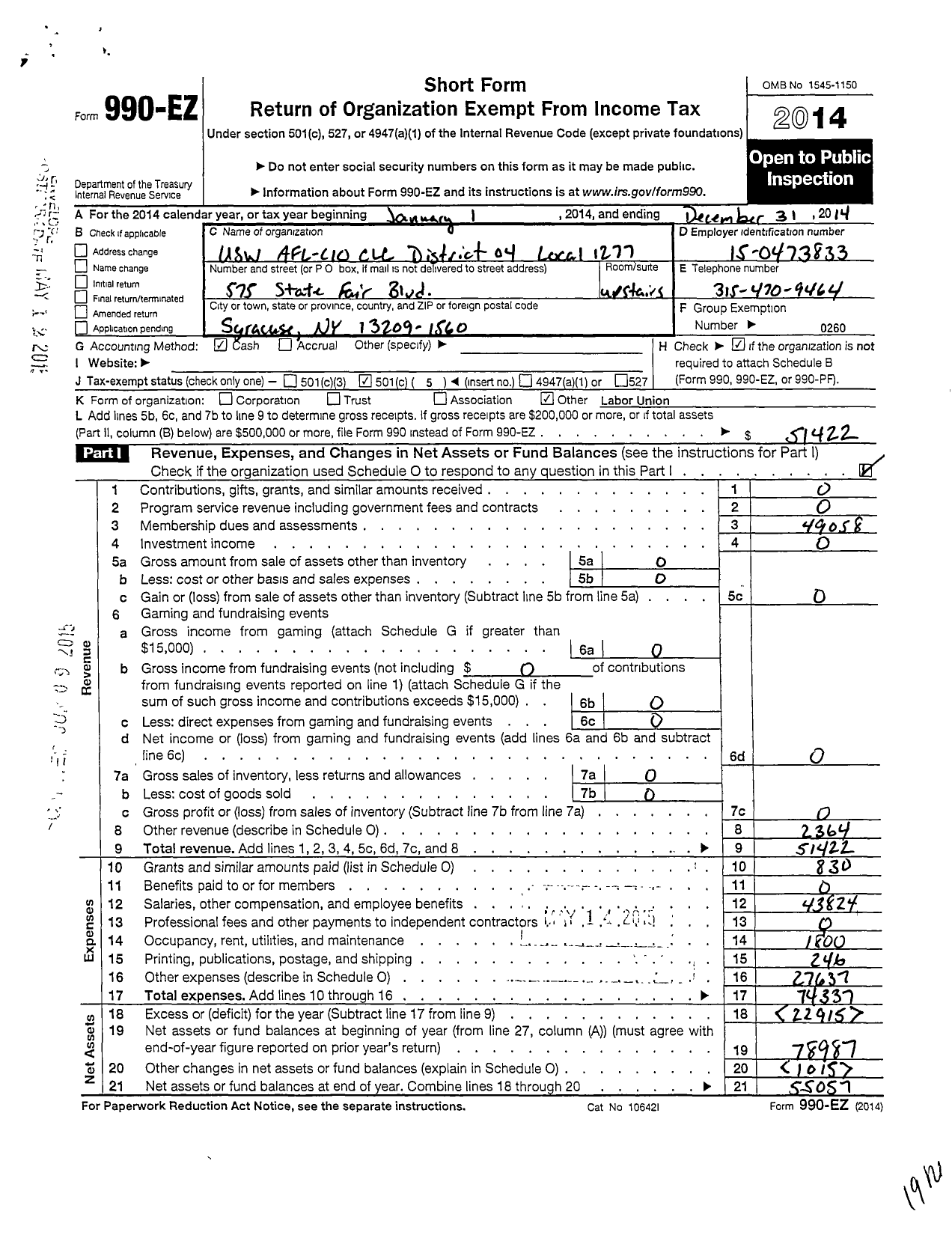 Image of first page of 2014 Form 990EO for United Steelworkers - 01277 Local