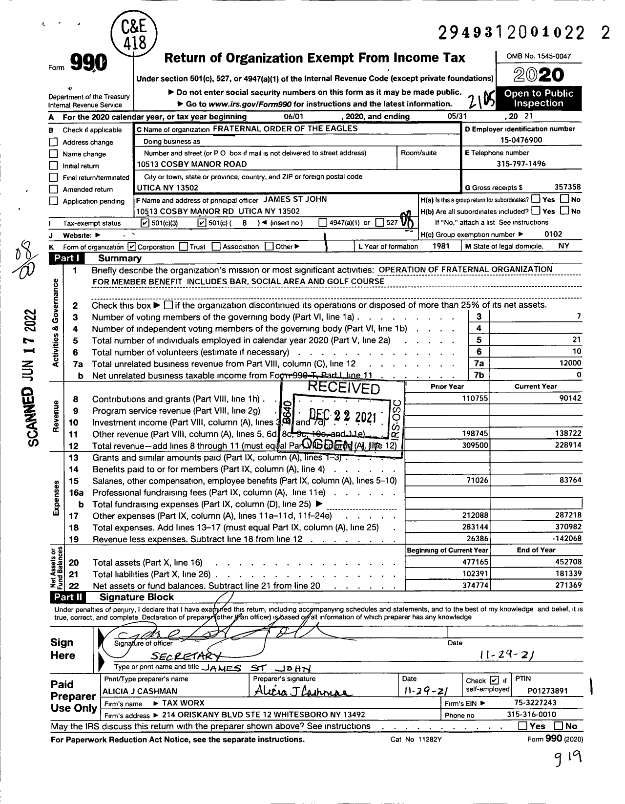 Image of first page of 2020 Form 990O for Fraternal Order of Eagles - 97 Aerie