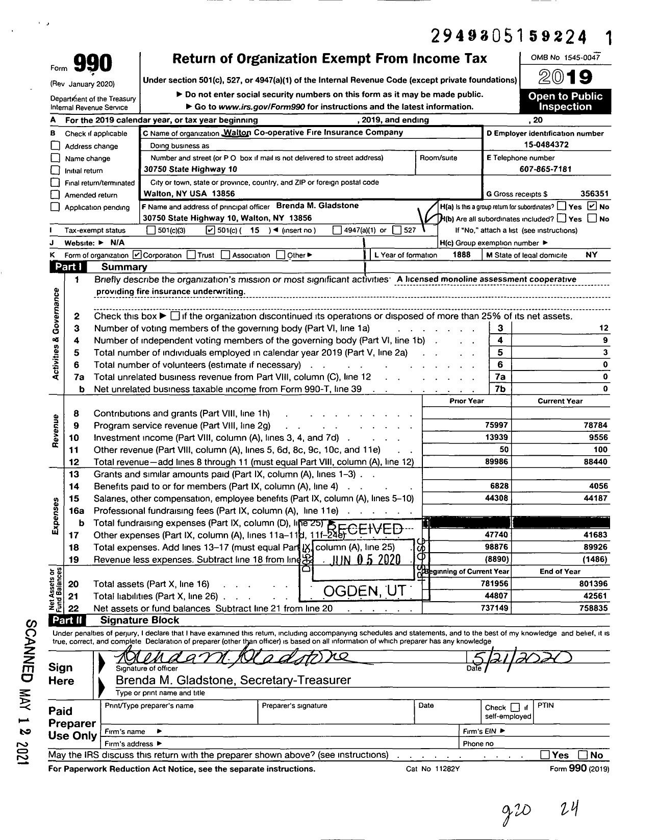 Image of first page of 2019 Form 990O for Walton Co-Op Fire Insurance Company