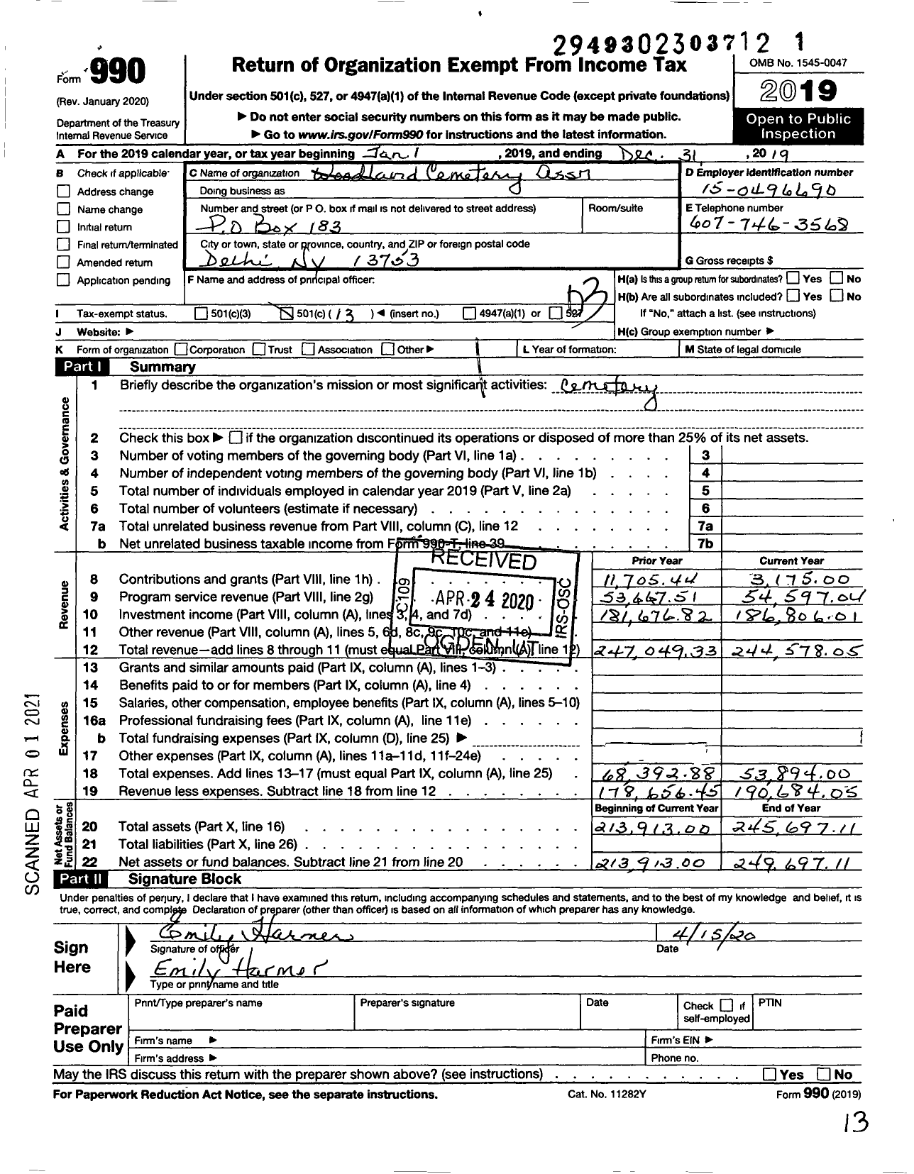 Image of first page of 2019 Form 990 for Woodland Cemetery Association