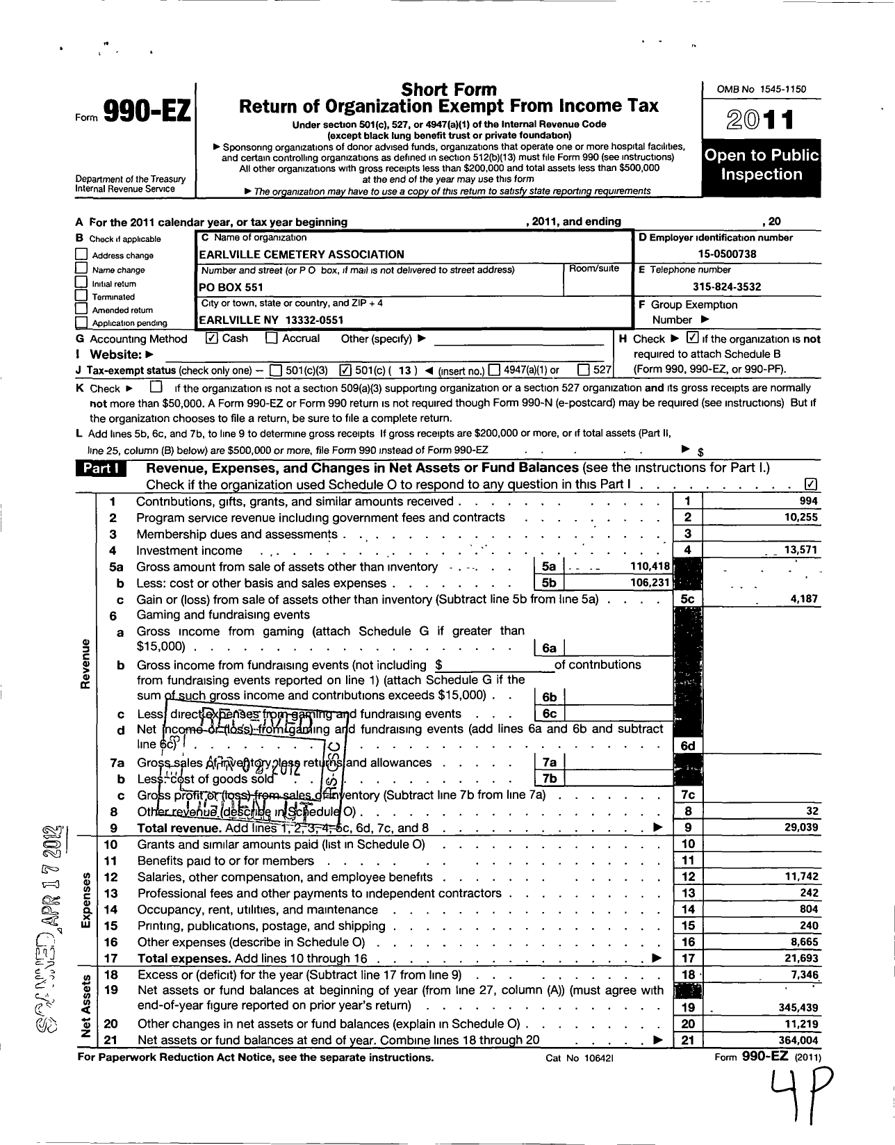 Image of first page of 2011 Form 990EO for The Earlville Cemetery Association