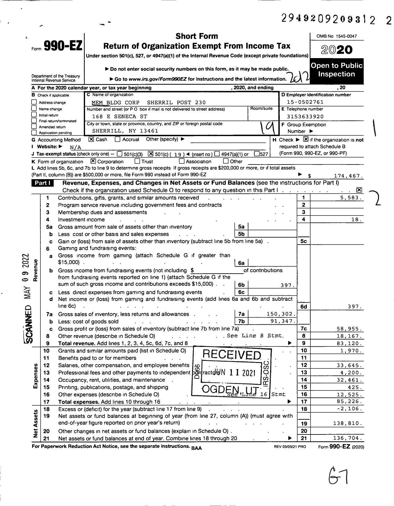 Image of first page of 2020 Form 990EO for Mem Bldg Corp Sherril Post 230