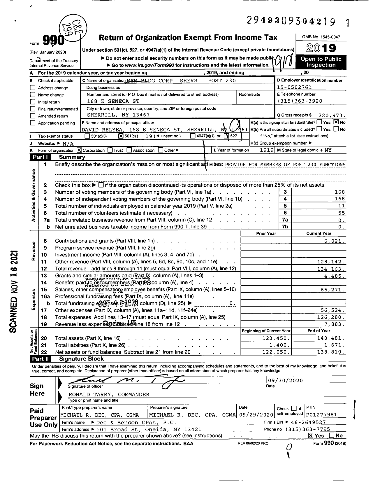 Image of first page of 2019 Form 990O for Mem Bldg Corp Sherril Post 230