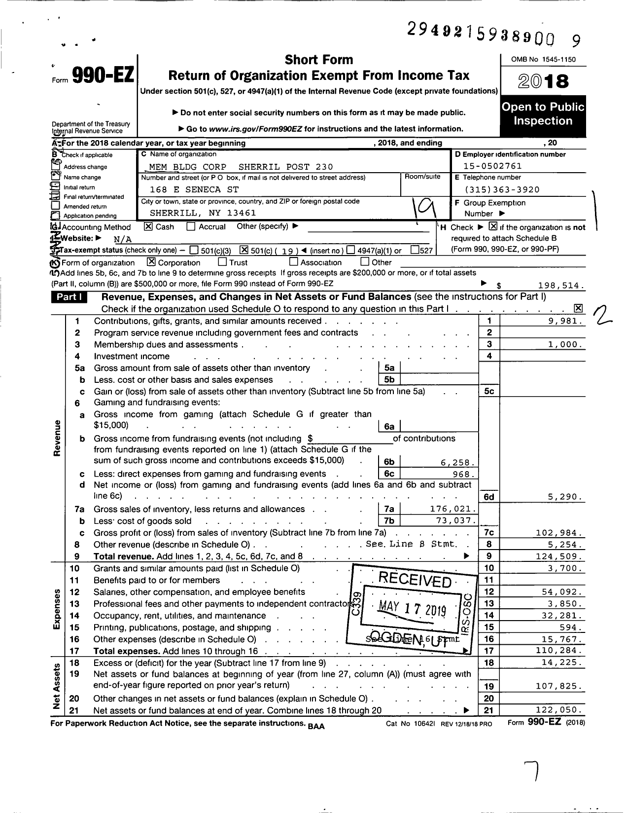 Image of first page of 2018 Form 990EO for Mem Bldg Corp Sherril Post 230