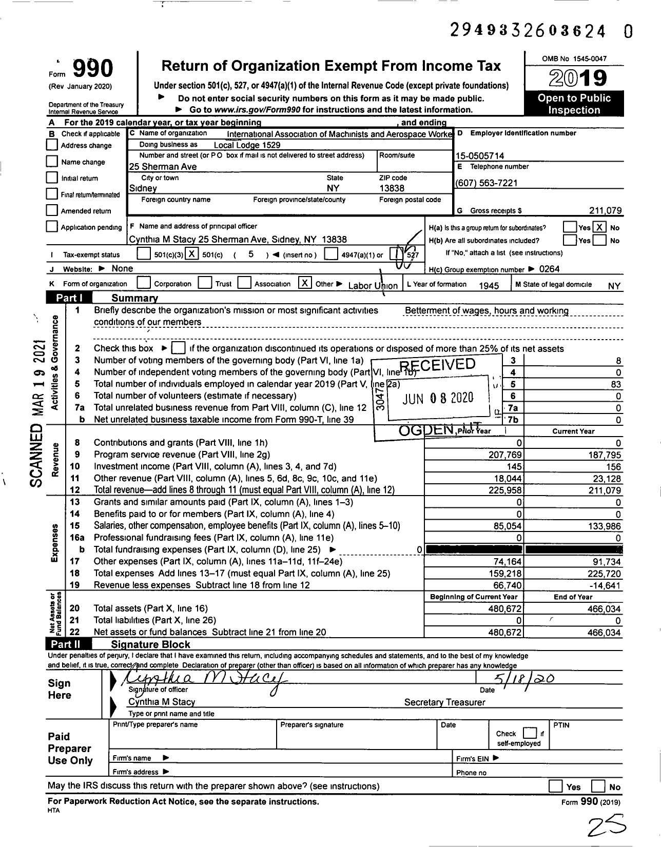 Image of first page of 2019 Form 990O for International Association of Machinists and Aerospace Workers - Iamaw Local 1529