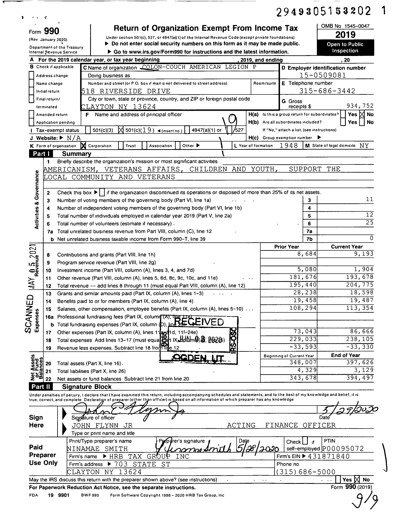 Image of first page of 2019 Form 990O for American Legion - Colon Couch Post 821