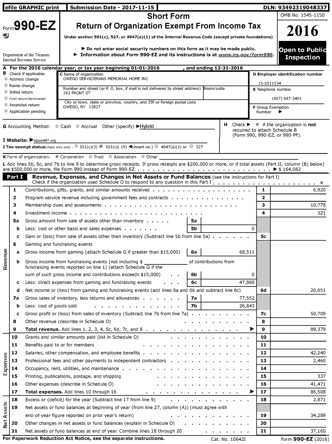 Image of first page of 2016 Form 990EZ for Owego Servicemens Memorial Home