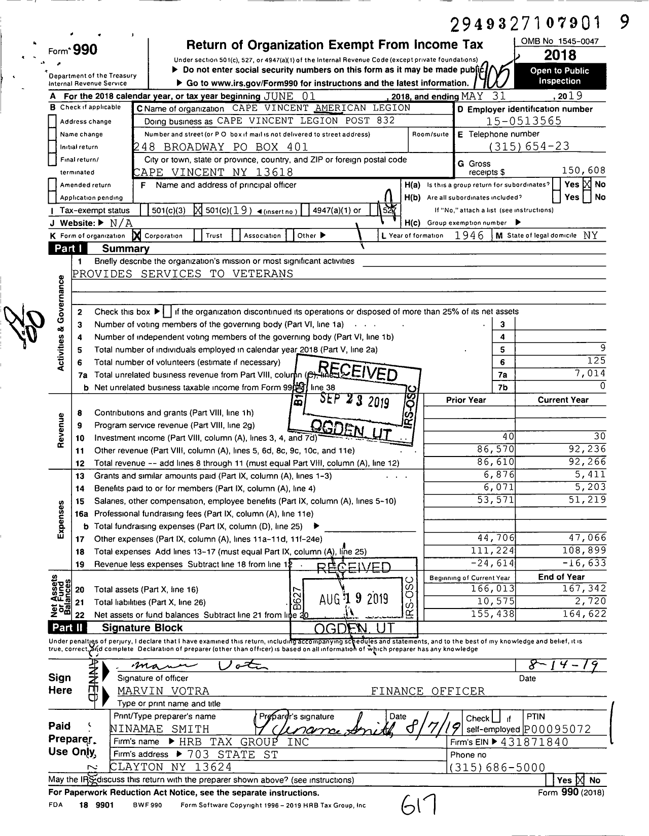 Image of first page of 2018 Form 990O for American Legion - Cape Vincent American Legion Post 8