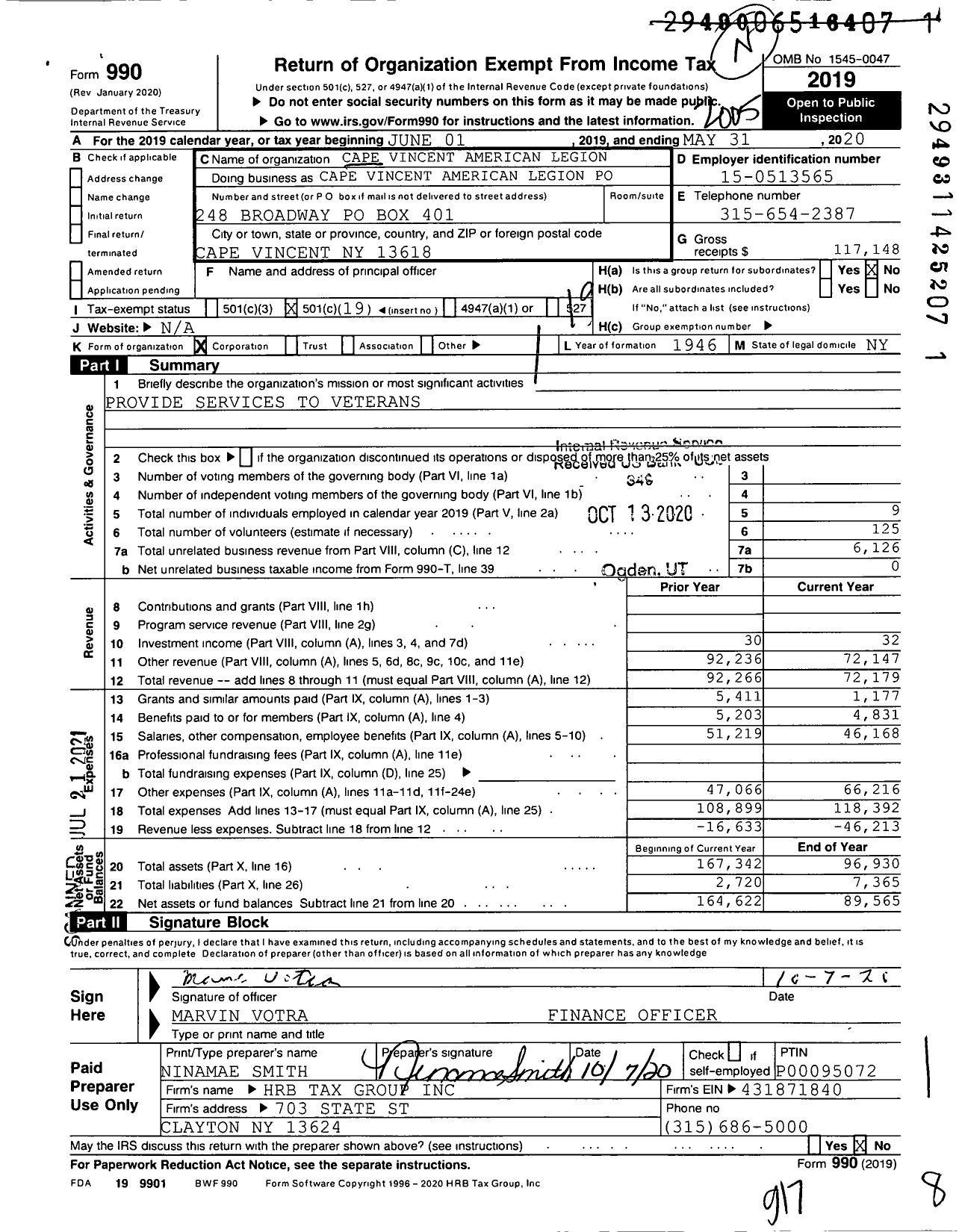 Image of first page of 2019 Form 990O for American Legion - Cape Vincent American Legion Post 8