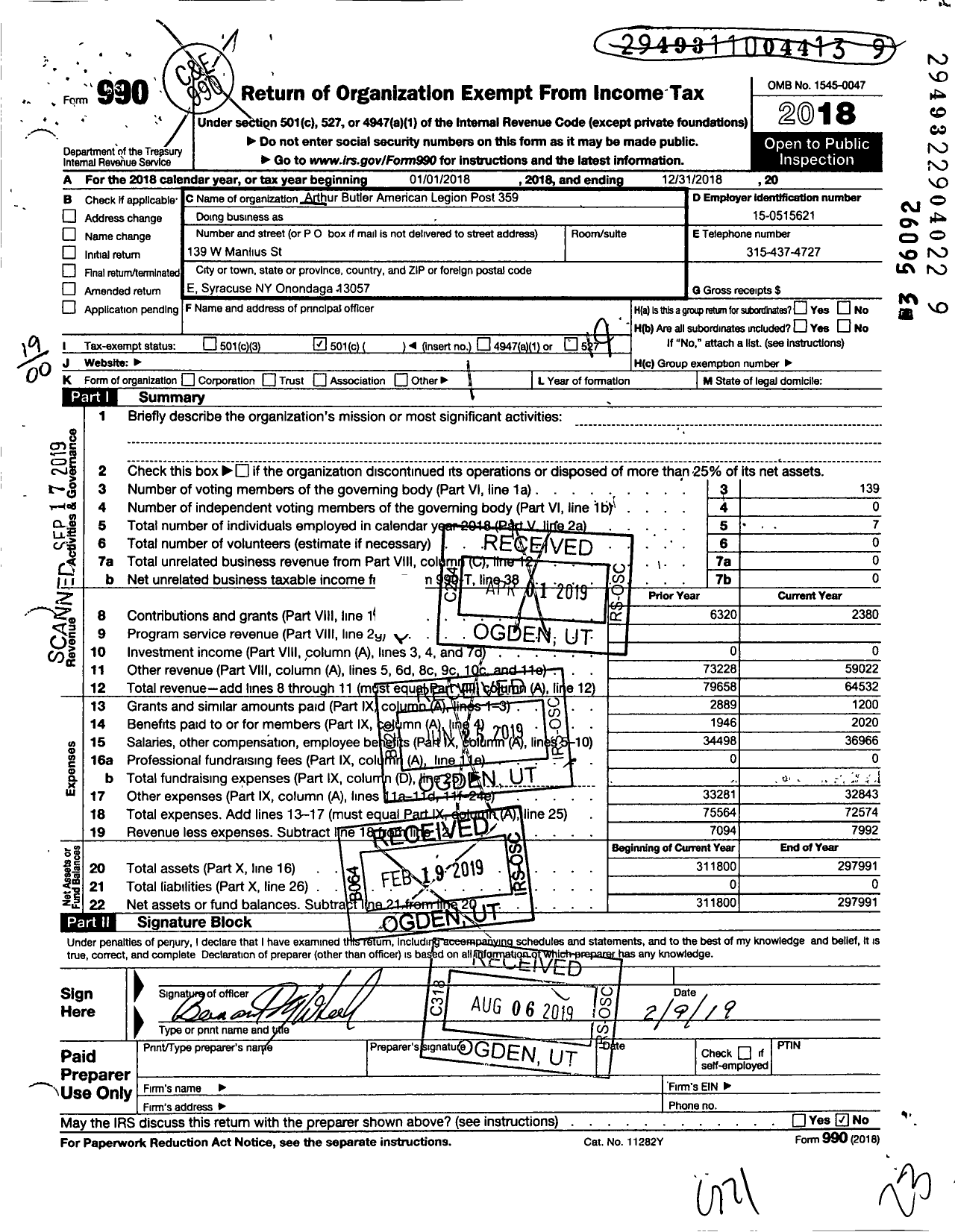 Image of first page of 2018 Form 990O for Legion Department of Ny Onondaga County
