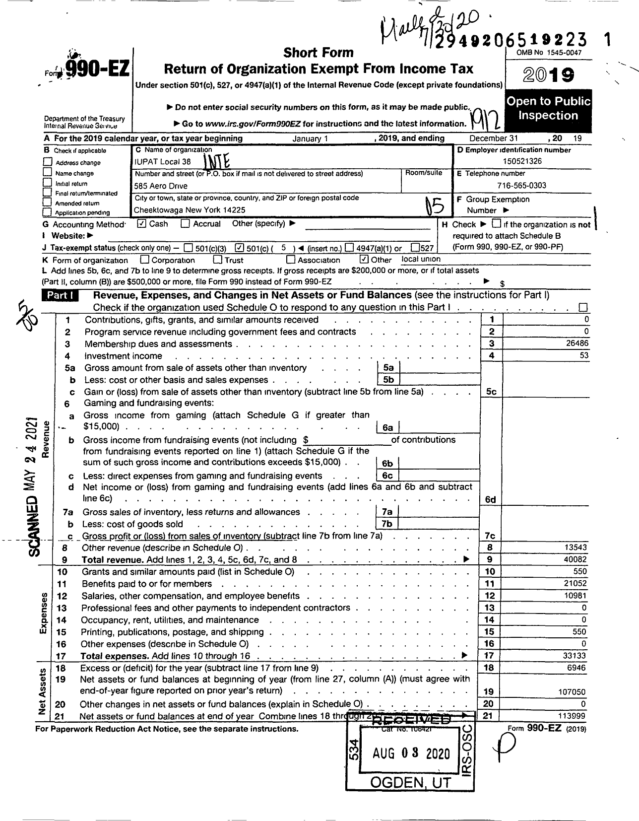 Image of first page of 2019 Form 990EO for International Union of Painters and Allied Trades - 38 Painters Local Union