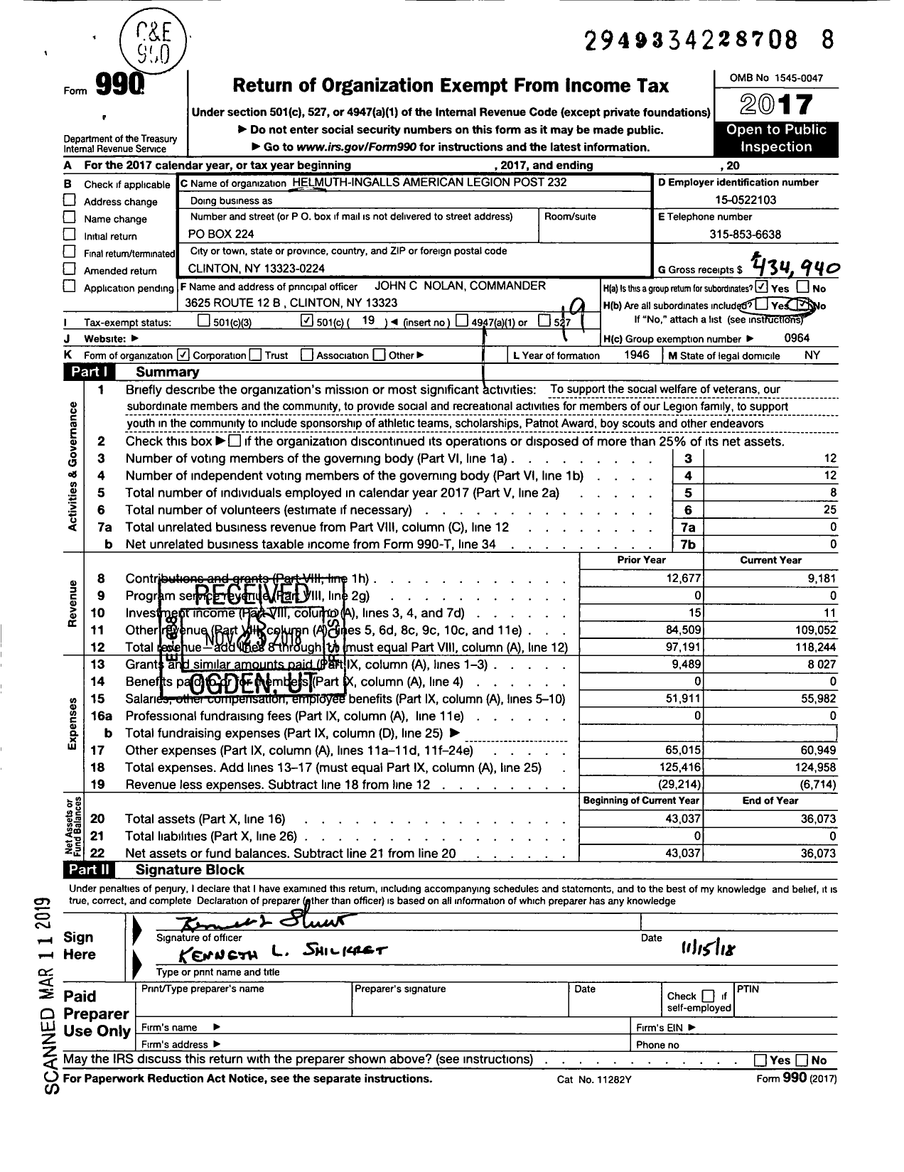 Image of first page of 2017 Form 990O for American Legion - 232 Helmuth Ingalls Post Inc of the