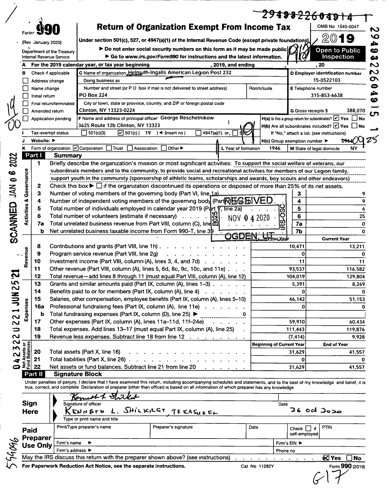 Image of first page of 2019 Form 990O for American Legion - 232 Helmuth Ingalls Post Inc of the