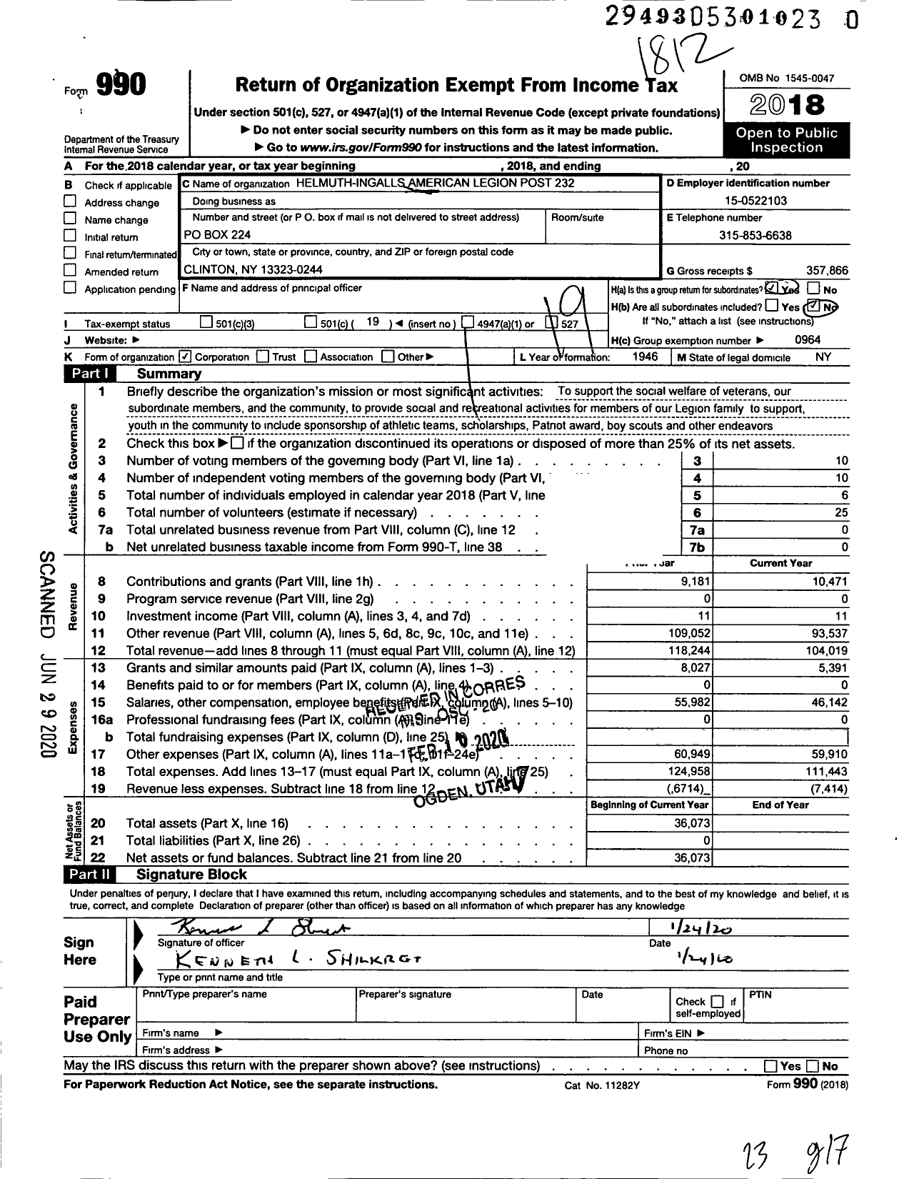 Image of first page of 2018 Form 990O for American Legion - 232 Helmuth Ingalls Post Inc of the