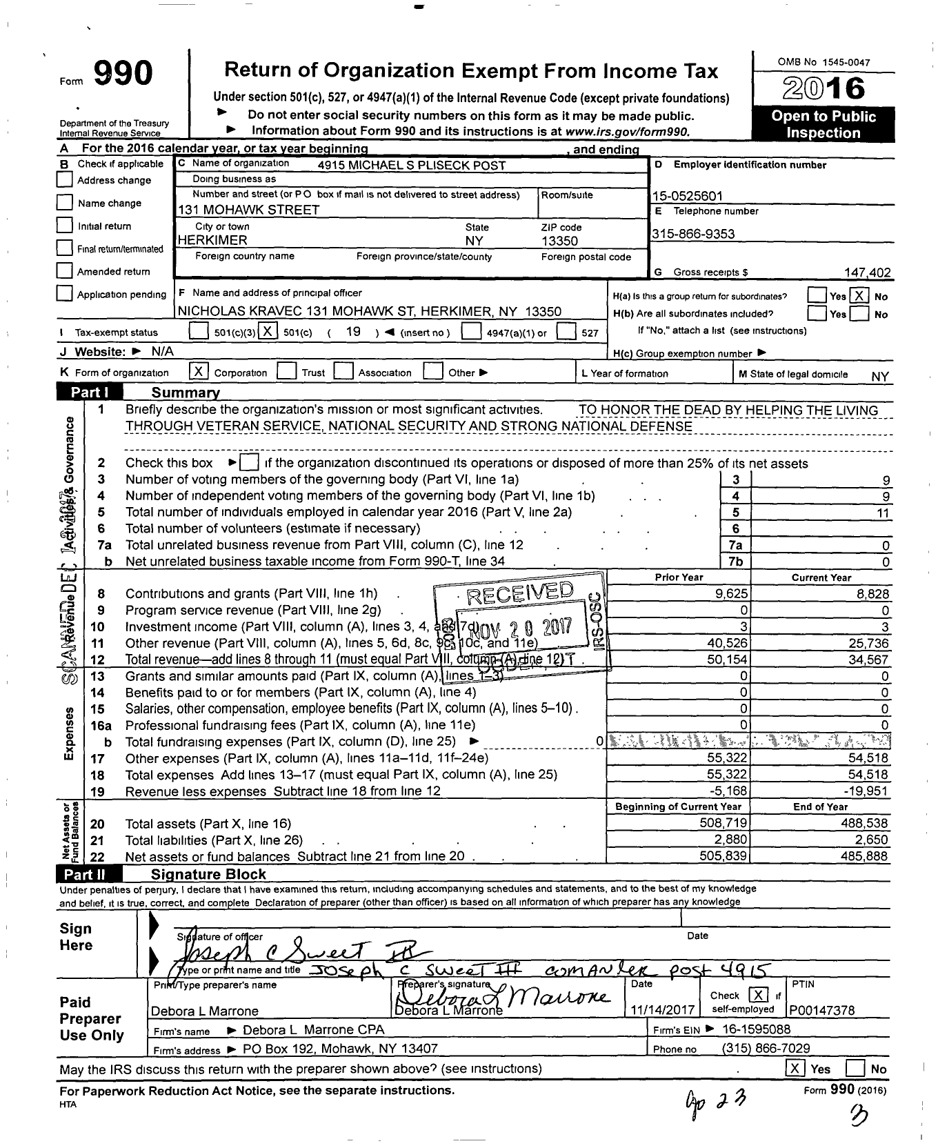 Image of first page of 2016 Form 990O for Department of Ny VFW - 4915 Michael S Pliseck Post