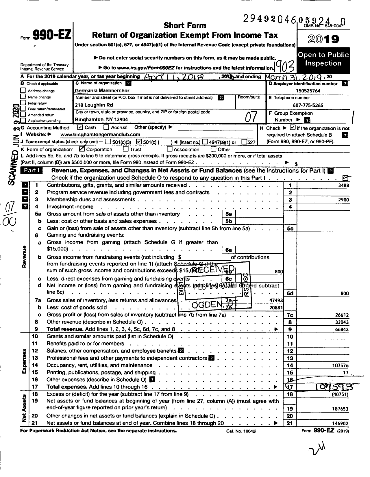 Image of first page of 2018 Form 990EO for Germania Maennerchor / The German Club