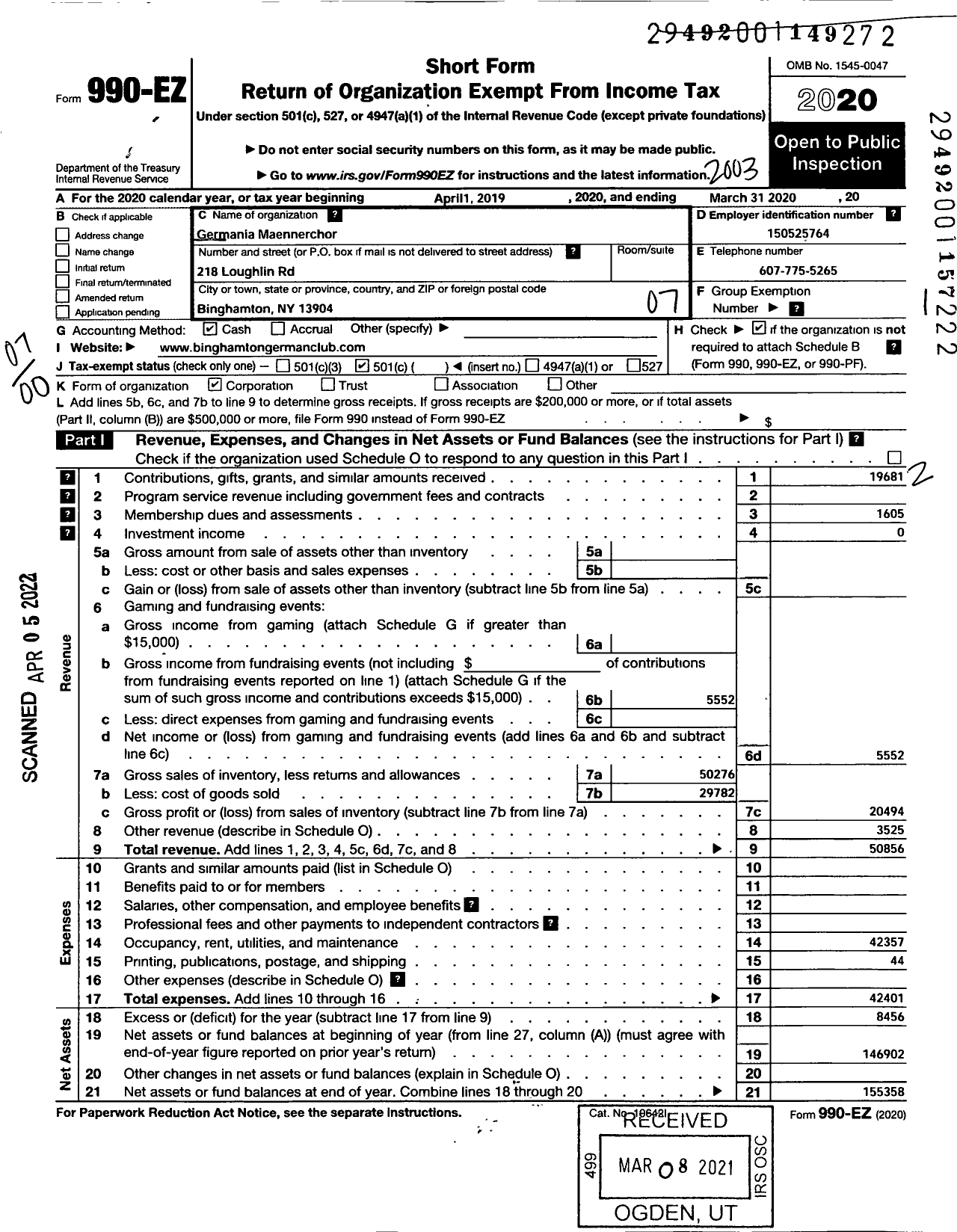 Image of first page of 2019 Form 990EO for Germania Maennerchor / The German Club