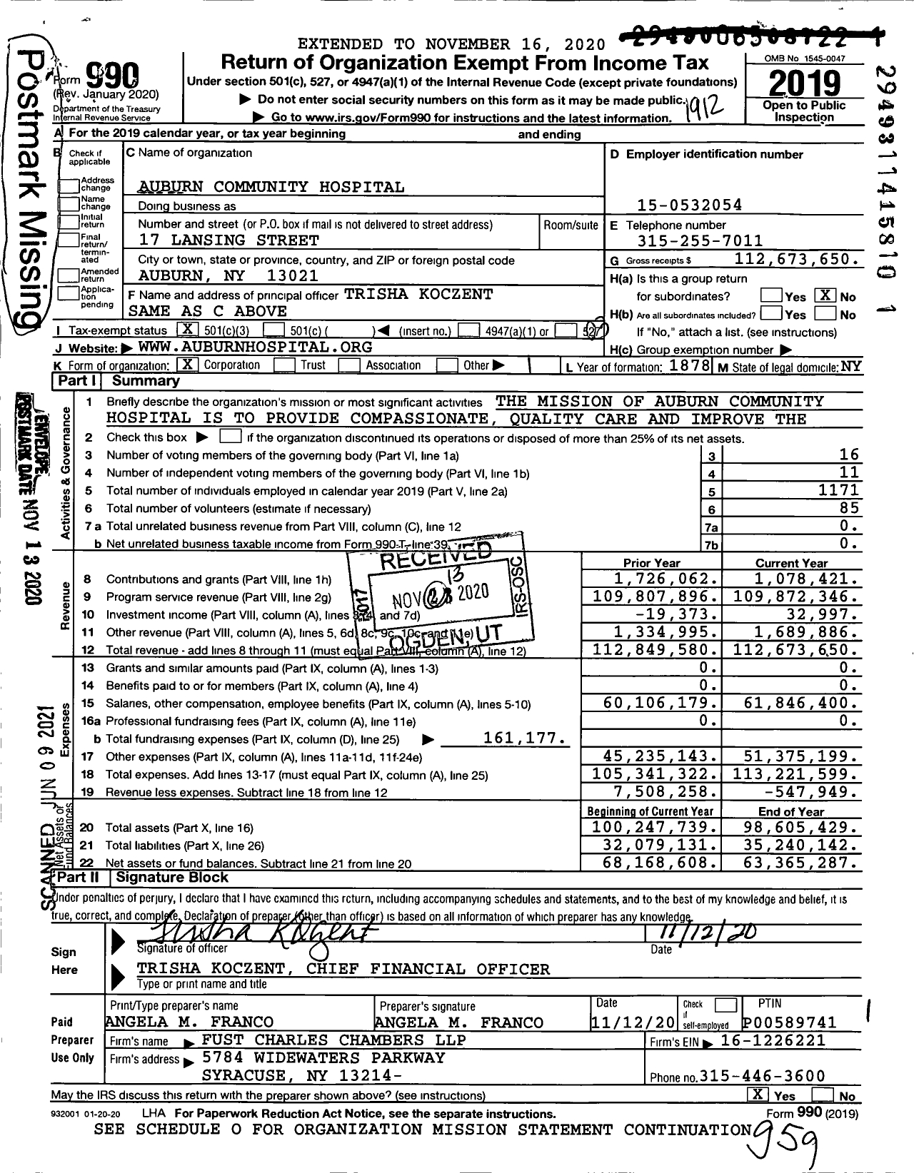 Image of first page of 2019 Form 990 for Auburn Community Hospital (ACH)