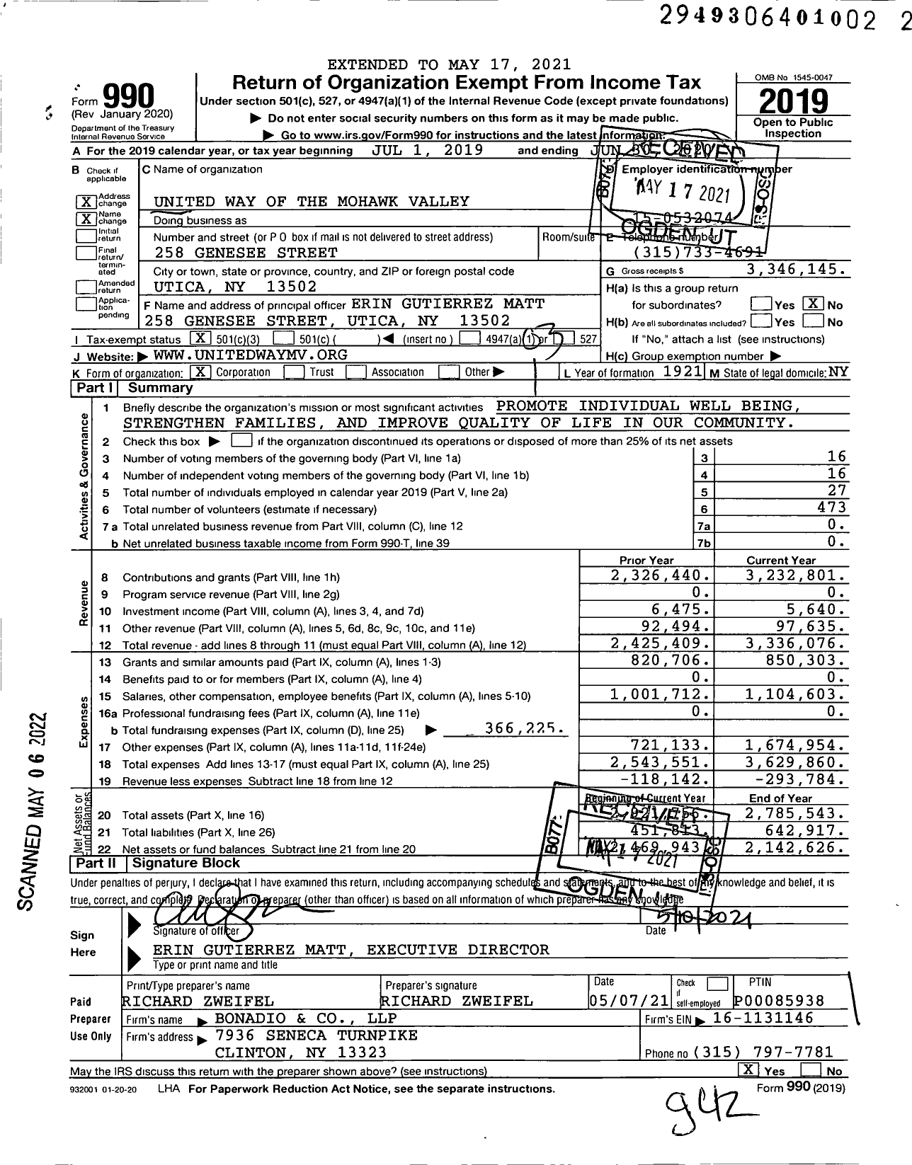 Image of first page of 2019 Form 990 for United Way of the Mohawk Valley