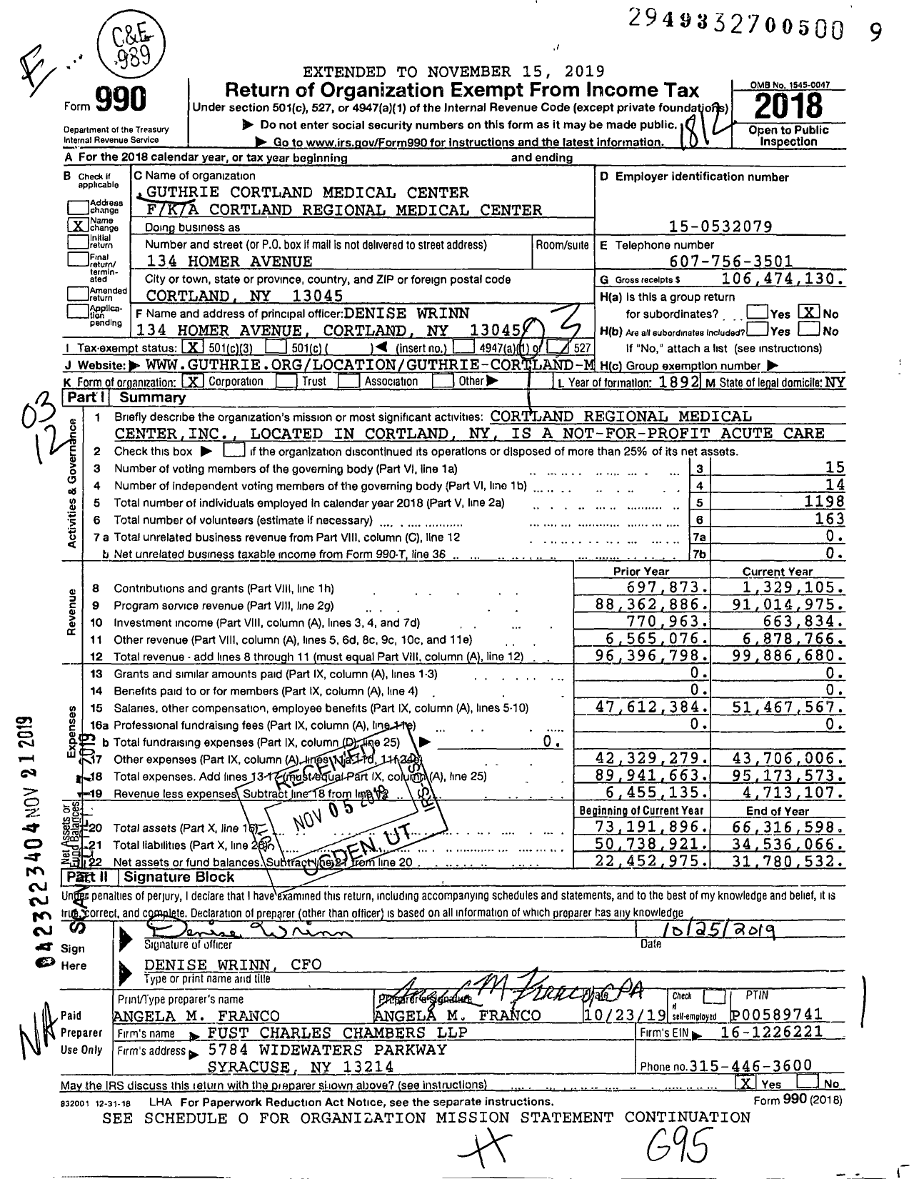 Image of first page of 2018 Form 990 for Guthrie Cortland Medical Center (CRMC)
