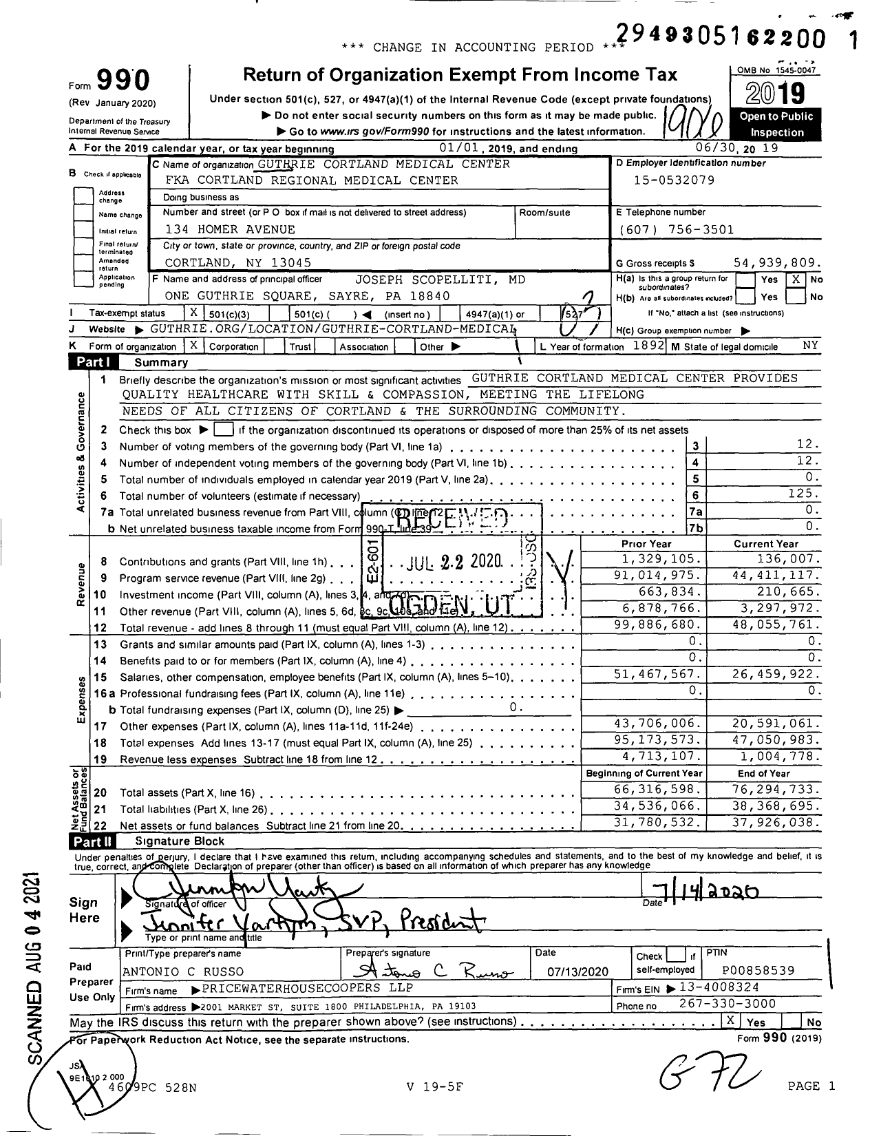 Image of first page of 2018 Form 990 for Guthrie Cortland Medical Center (CRMC)