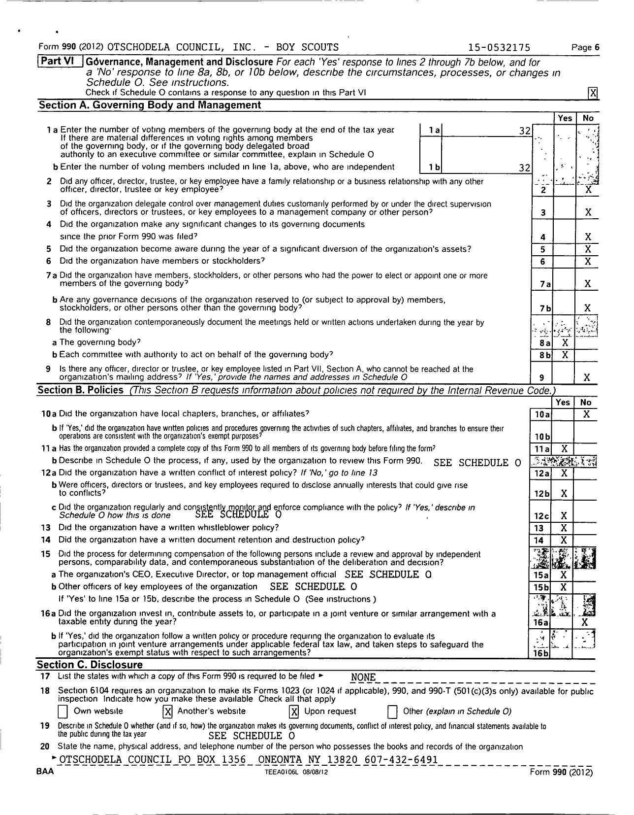 Image of first page of 2012 Form 990 for Boy Scouts of America - 393 Otschodela Council