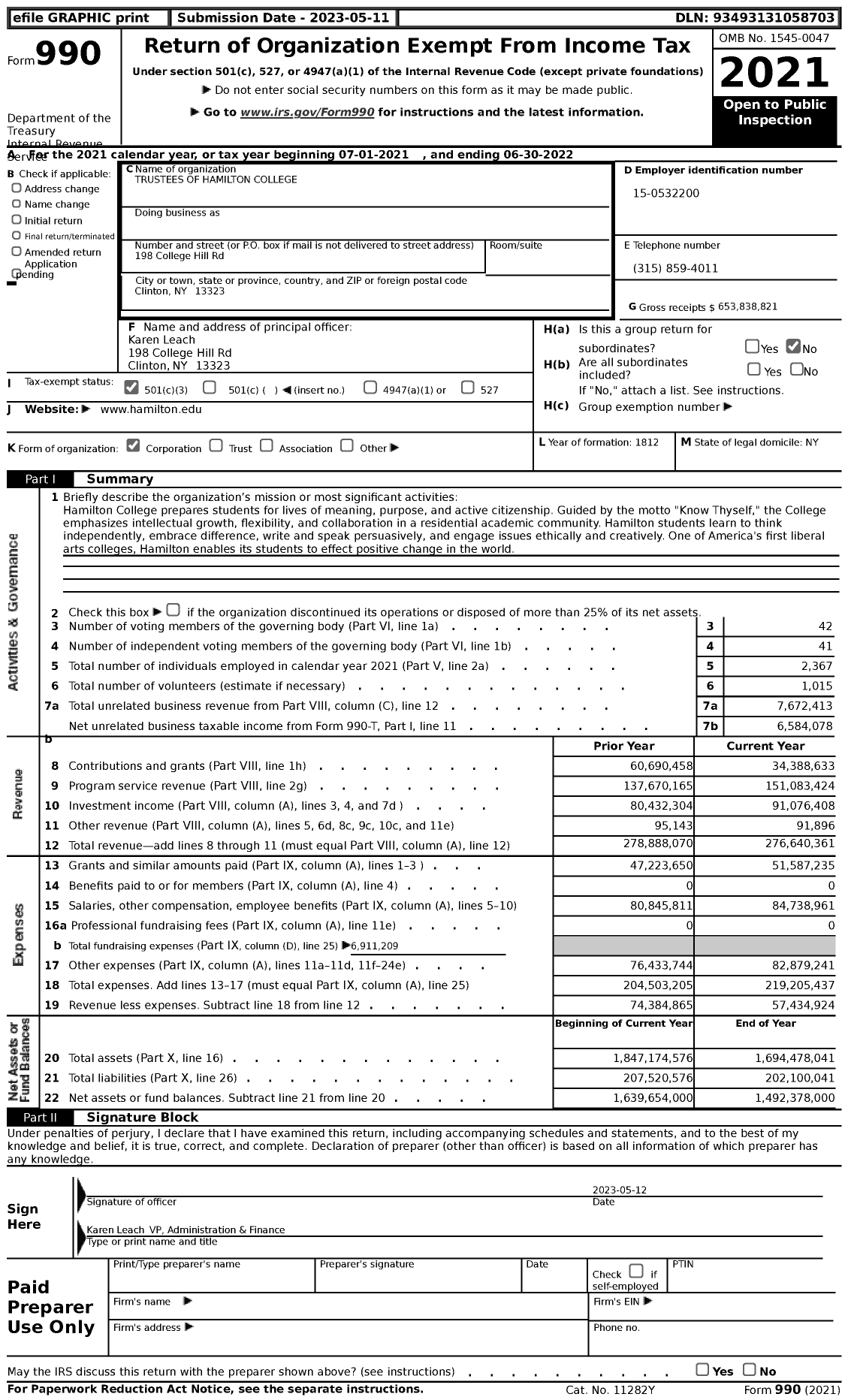 Image of first page of 2021 Form 990 for Trustees of Hamilton College