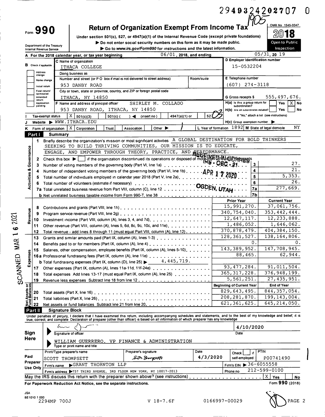 Image of first page of 2018 Form 990 for Ithaca College (IC)