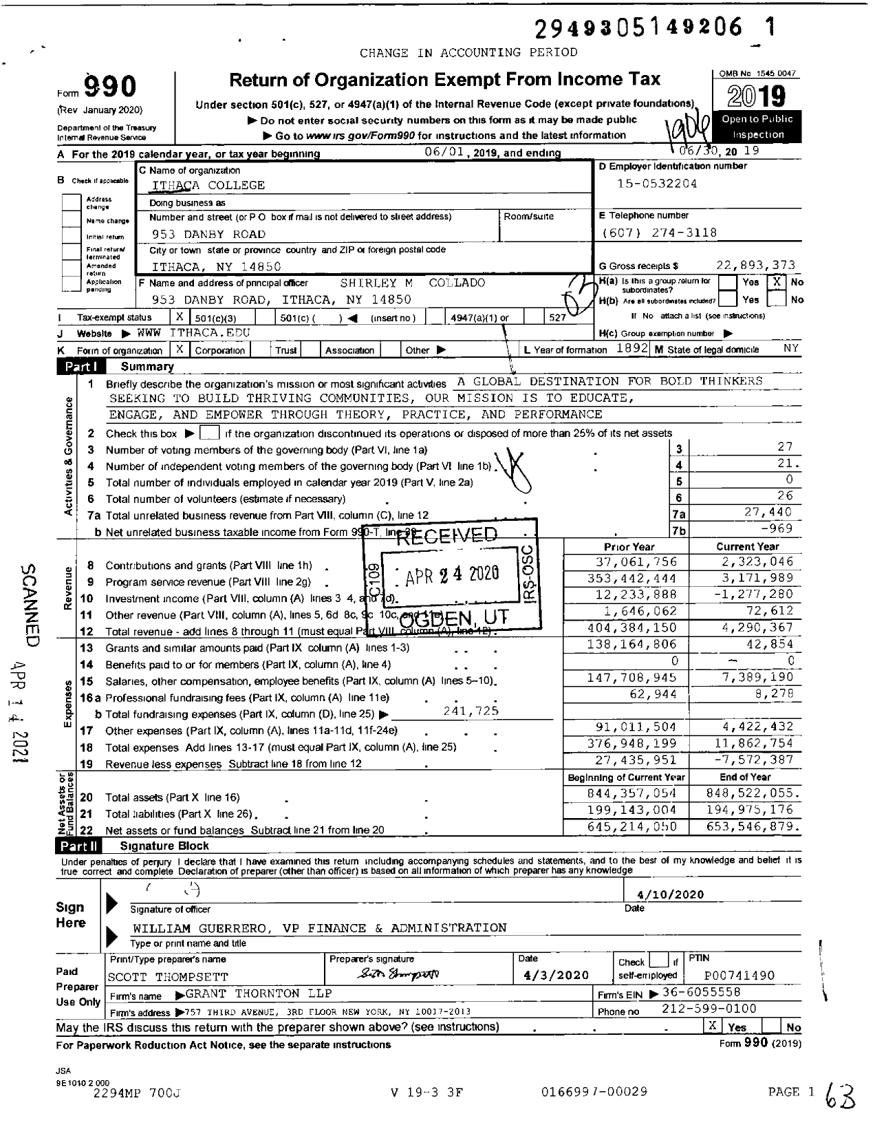 Image of first page of 2018 Form 990 for Ithaca College (IC)