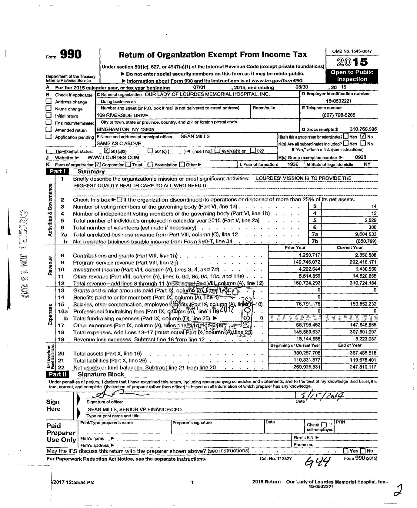 Image of first page of 2015 Form 990 for Ascension Online Care Lourdes Binghamton Lourdes Home Care Lourdes Hospice