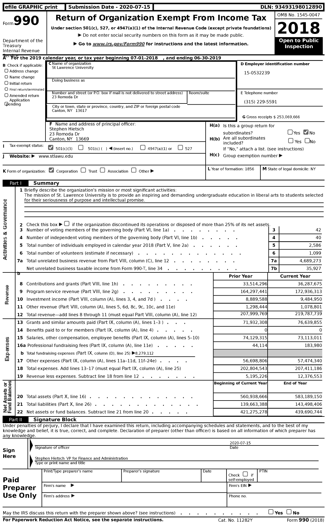 Image of first page of 2018 Form 990 for St Lawrence University