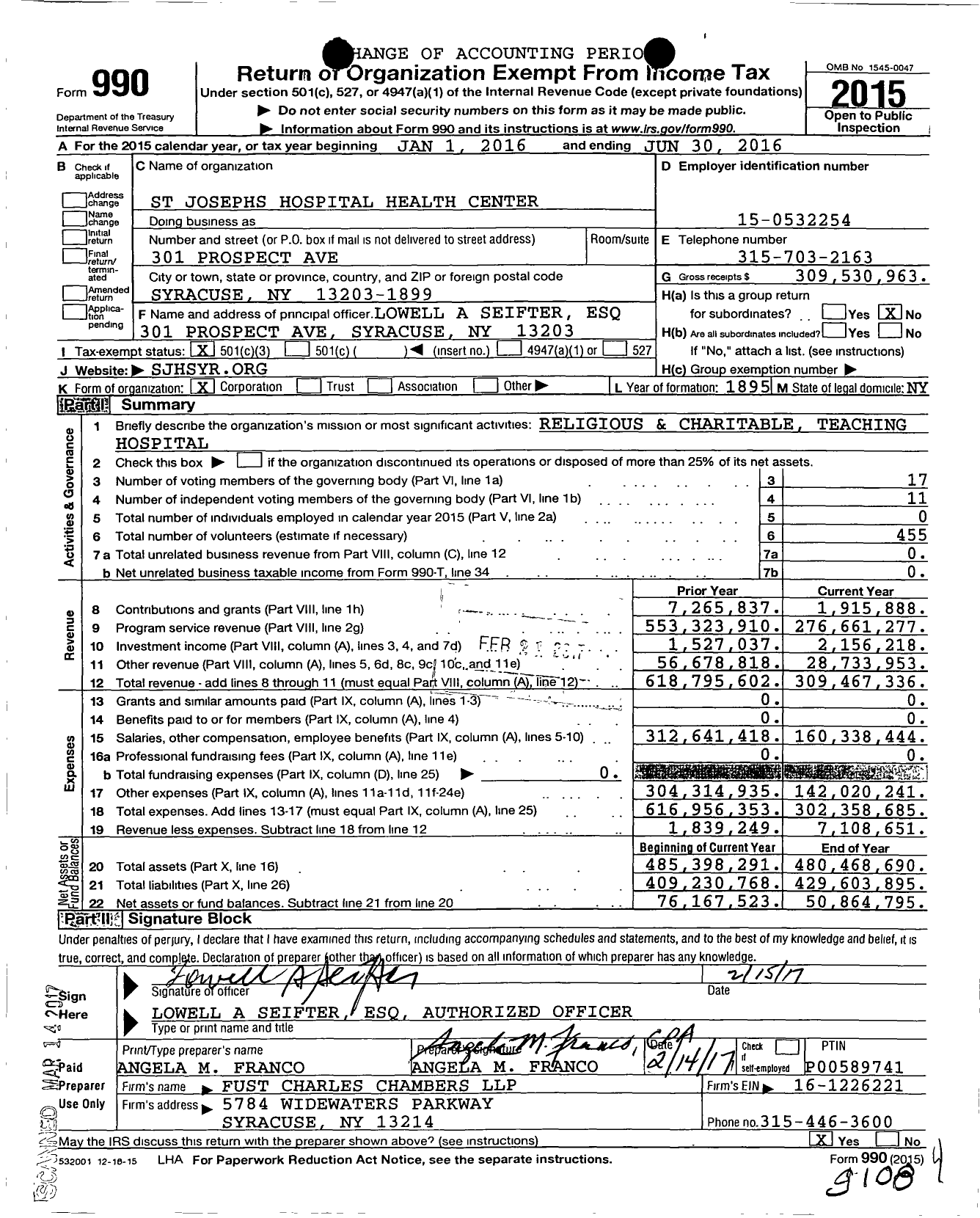 Image of first page of 2015 Form 990 for St Joseph's Hospital Health Center
