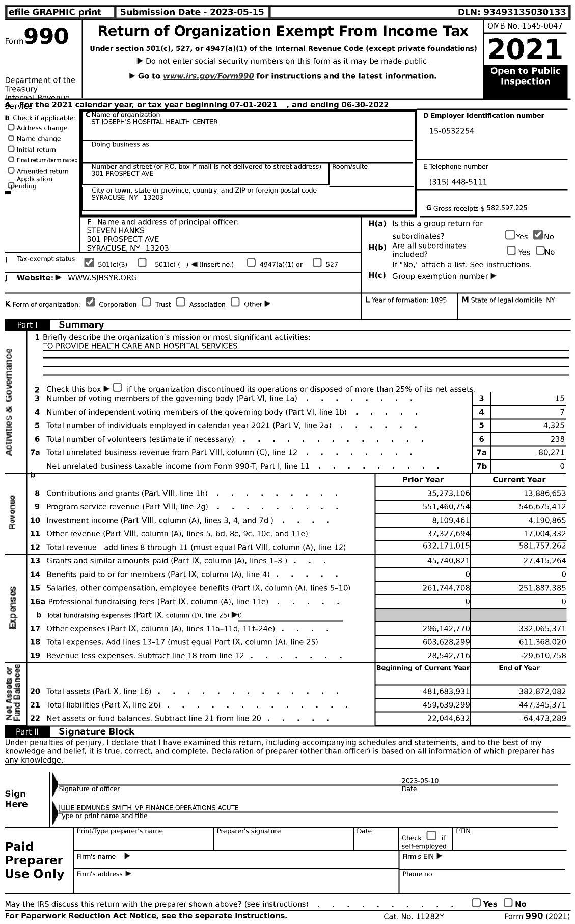 Image of first page of 2021 Form 990 for St Joseph's Hospital Health Center