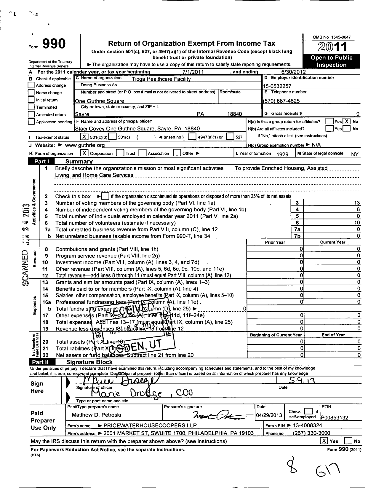 Image of first page of 2011 Form 990 for Tioga General Hospital