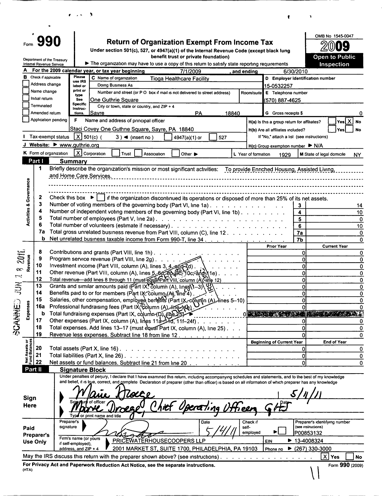 Image of first page of 2009 Form 990 for Tioga General Hospital