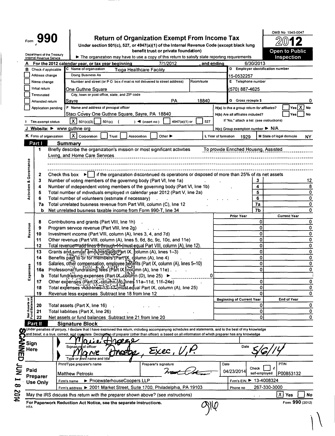 Image of first page of 2012 Form 990 for Tioga General Hospital