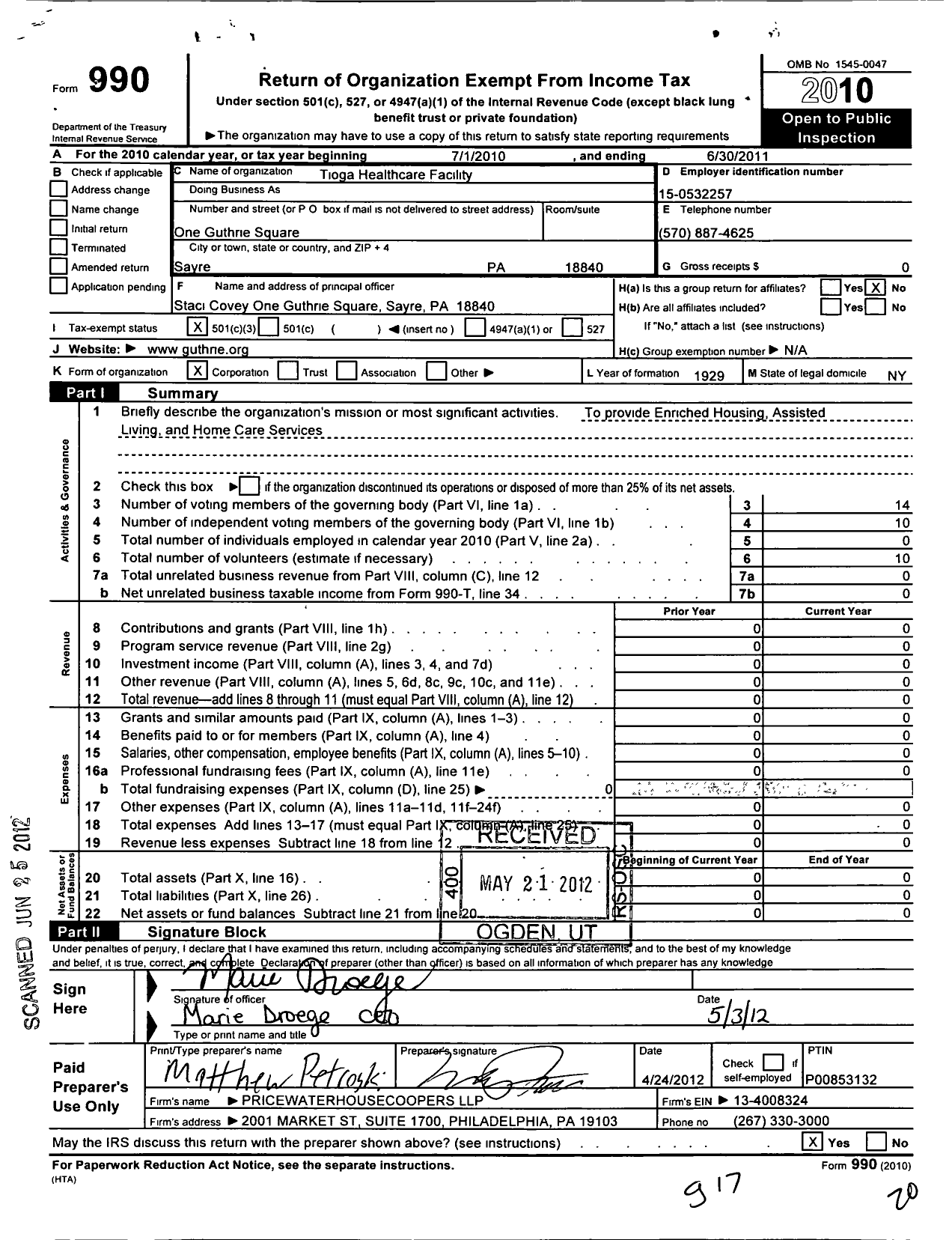 Image of first page of 2010 Form 990 for Tioga General Hospital