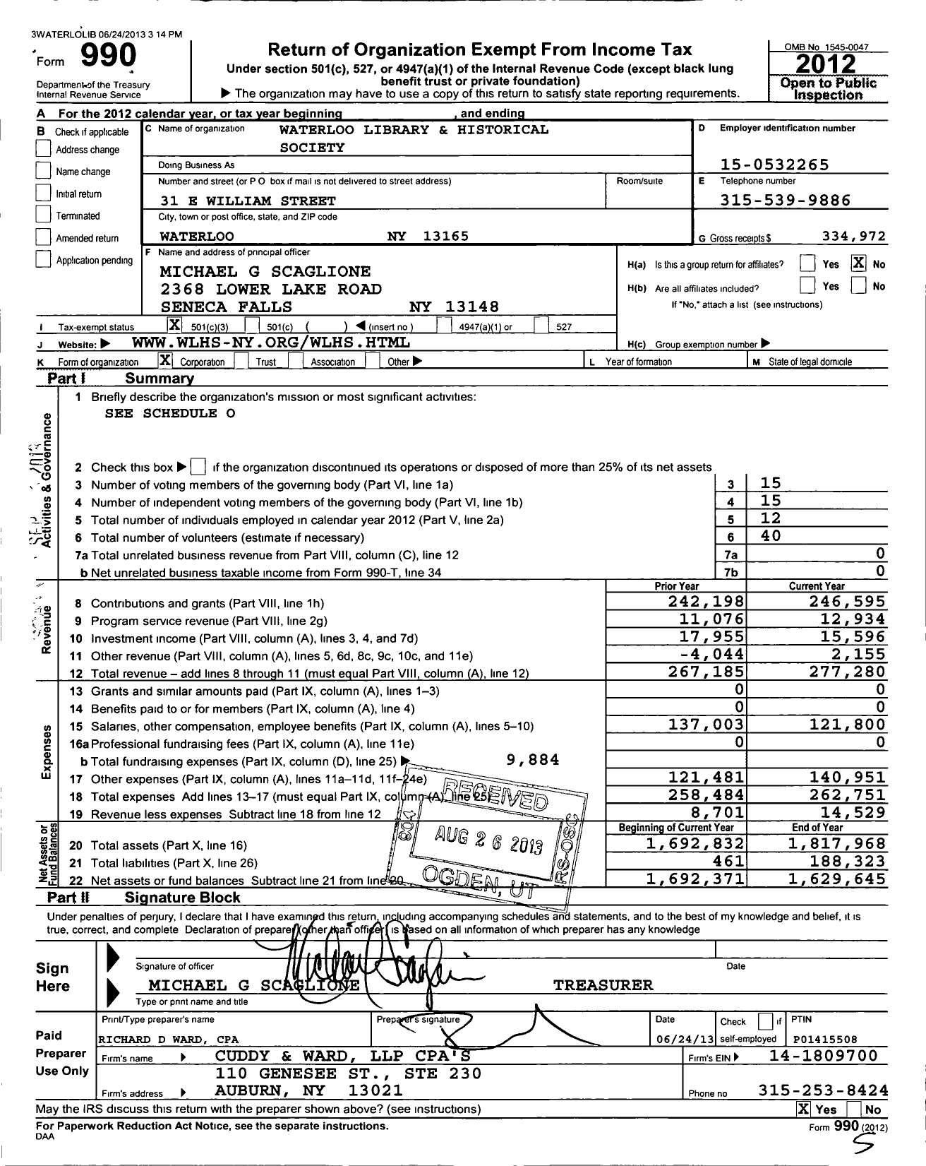 Image of first page of 2021 Form 990 for Waterloo Library and Historical Society