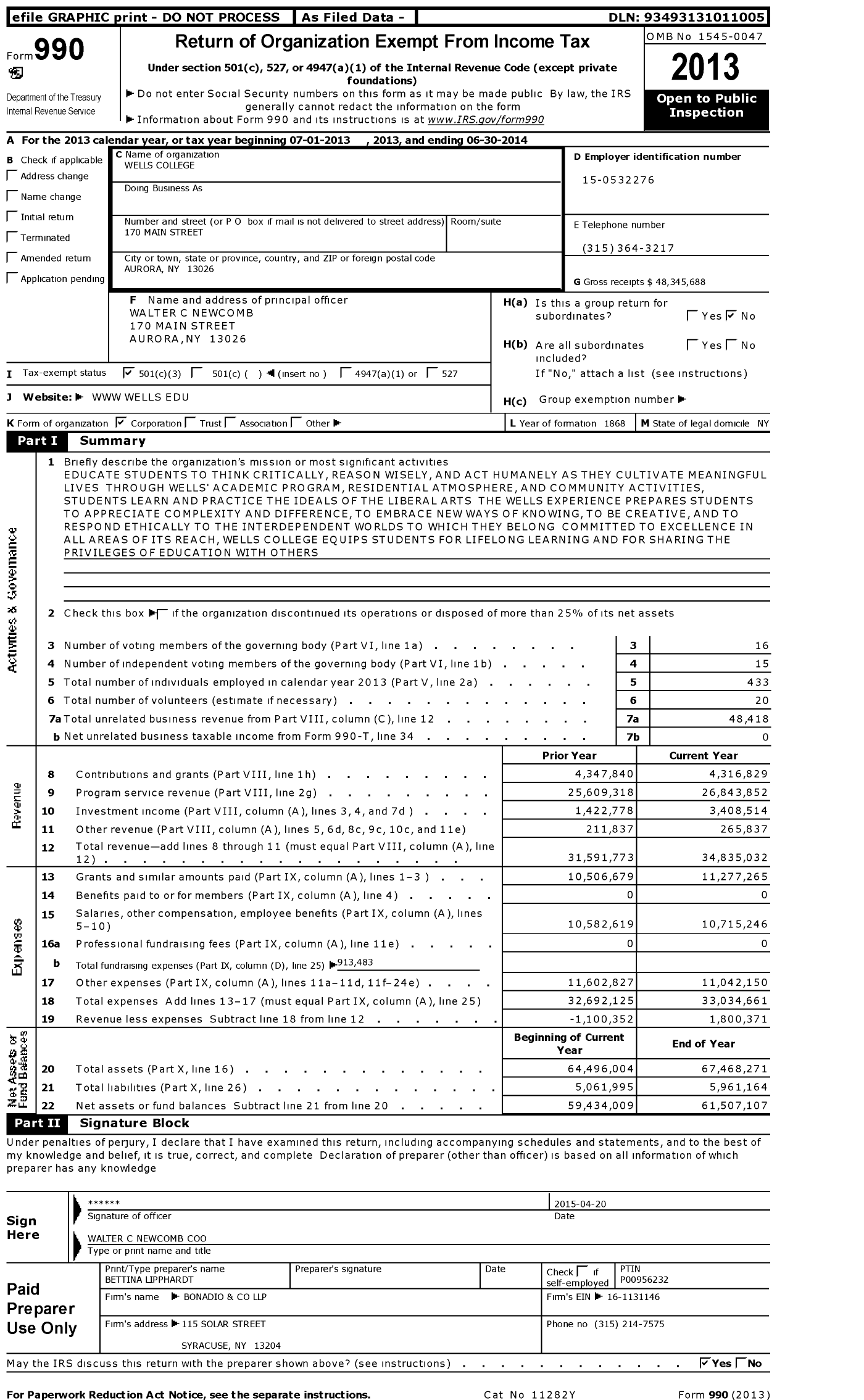 Image of first page of 2013 Form 990 for Wells College